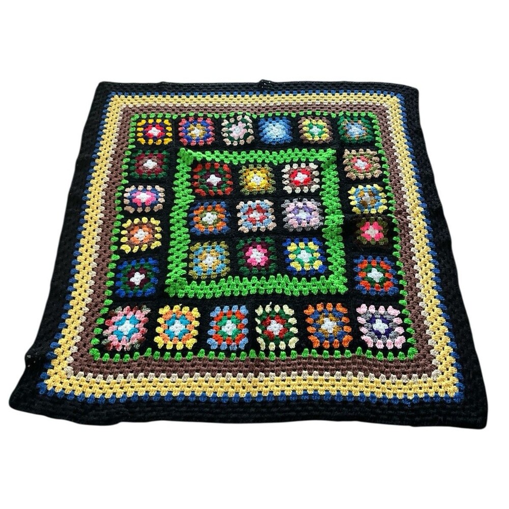 Vintage Handmade Crochet Granny Square Afghan Blanket Multicolor Lap 54 x 52